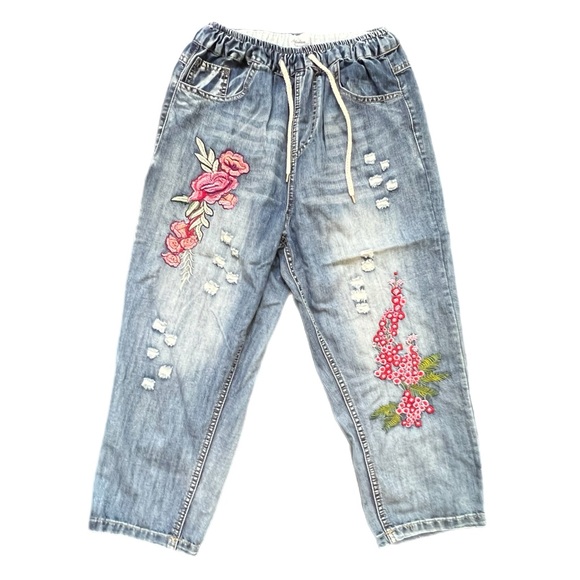 Aitailan Embroidered Flowers Loose Nine Points Jeans - M - Picture 1 of 9